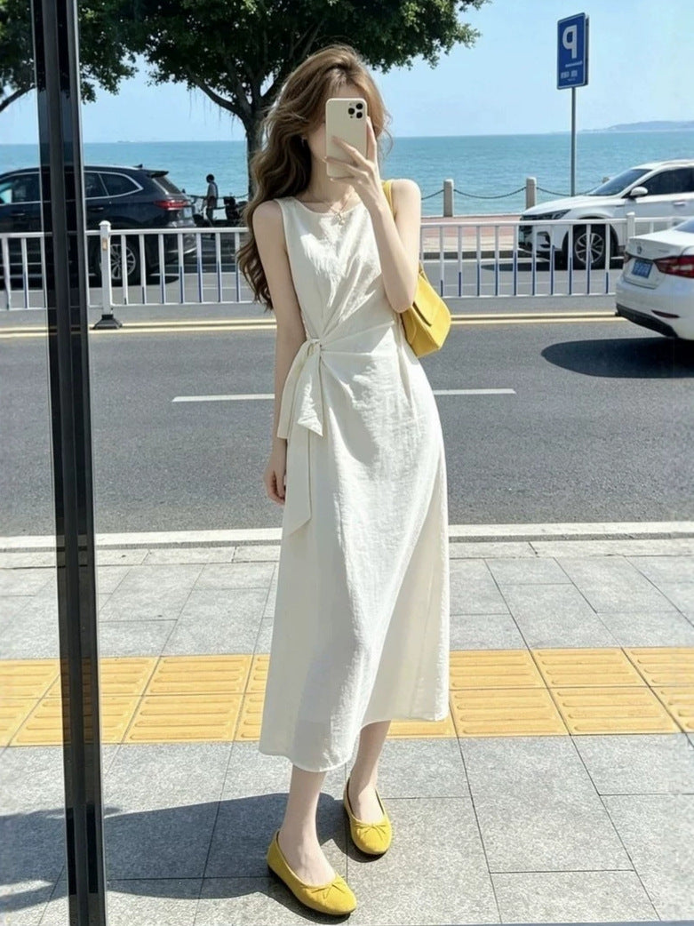 Cream White Tie-Waist Maxi Dress – Korean-Style Waist-Slimming Summer Dress