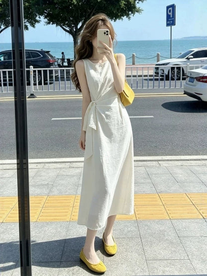 Cream White Tie-Waist Maxi Dress – Korean-Style Waist-Slimming Summer Dress