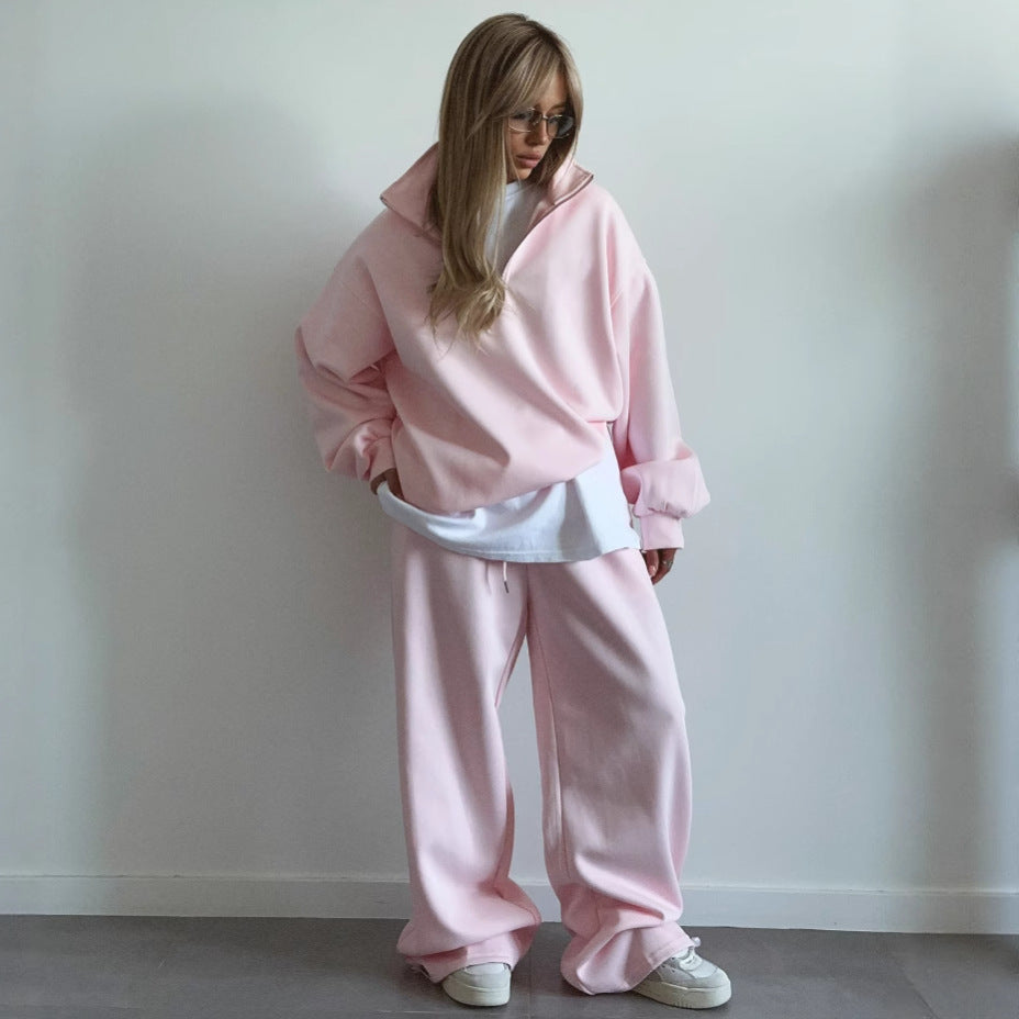 Kadın Yarım Fermuarlı Dik Yaka Sweatshirt ve Eşofman Altı İkili Pamuklu Takım