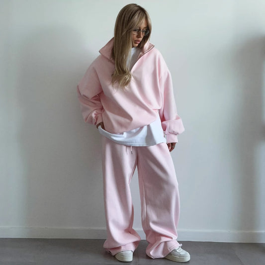 Kadın Yarım Fermuarlı Dik Yaka Sweatshirt ve Eşofman Altı İkili Pamuklu Takım