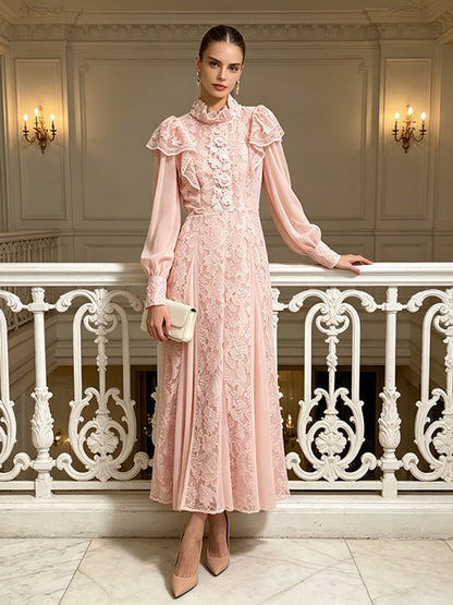 Women's Lace Long Sleeve High Neck Elegant Maxi Dress