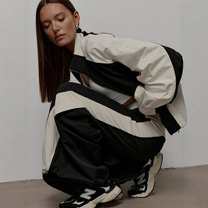 Women's Oversized Color-Block Zip-Up Relaxed Tracksuit Set