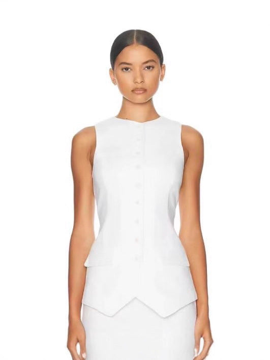 Women's Linen-Textured Buttoned Long Vest and Shorts Set - White/Black