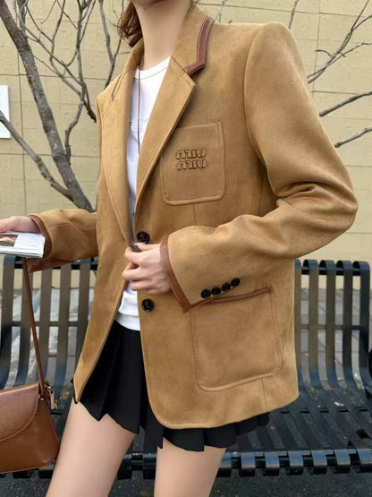 Kadın Haki Kahverengi Deri Detaylı Denim Blazer Ceket
