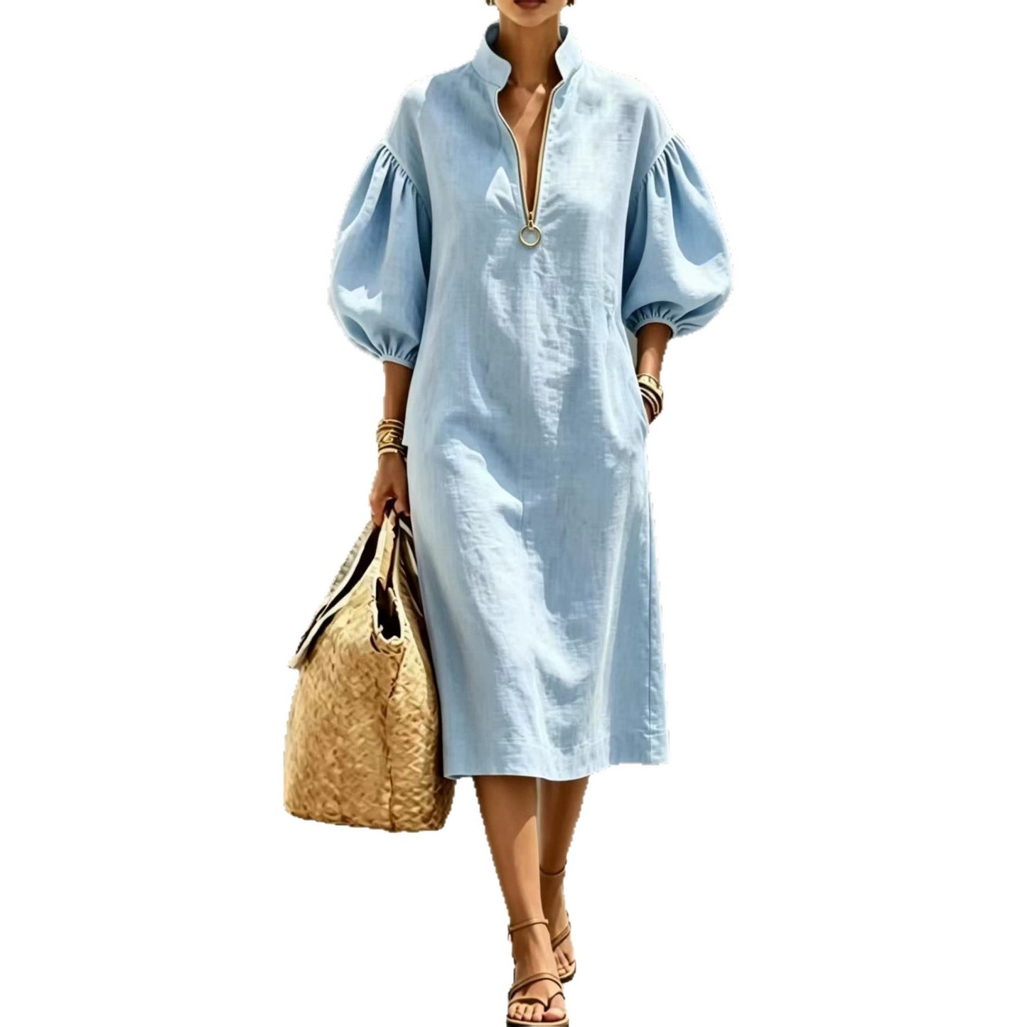 Women's Linen-Look Stand Collar Balloon Sleeve Half-Zip Relaxed Fit Dress