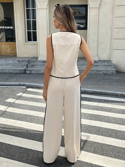 Women's Sleeveless High-Neck Blouse and Wide-Leg Trousers Two-Piece Set