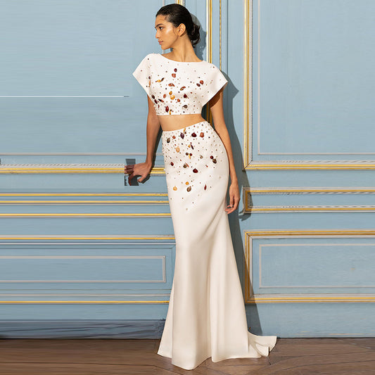 Beaded and Rhinestone-Embellished Crop Top and Fishtail Skirt Set - 2026 Designer-Inspired Style (In Stock)