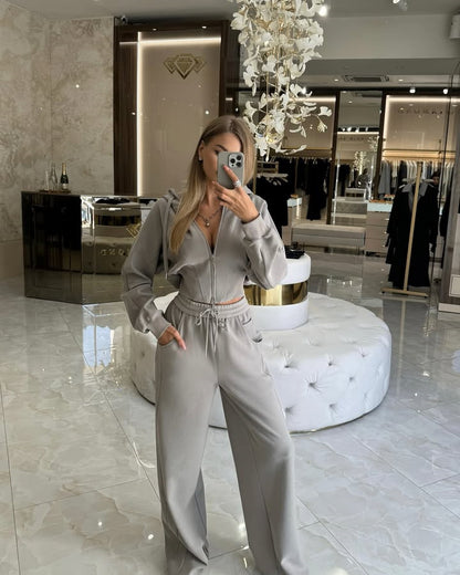 Women's Solid Color Zip-Up Hooded Cardigan and Drawstring Sweatpants Set