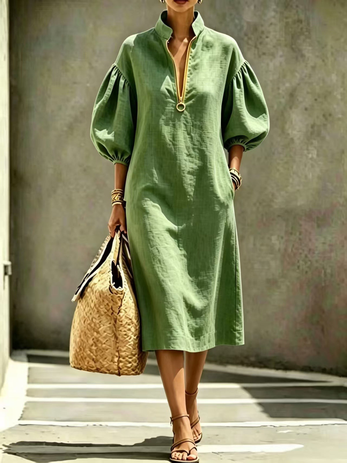 Women's Linen-Look Stand Collar Balloon Sleeve Half-Zip Relaxed Fit Dress