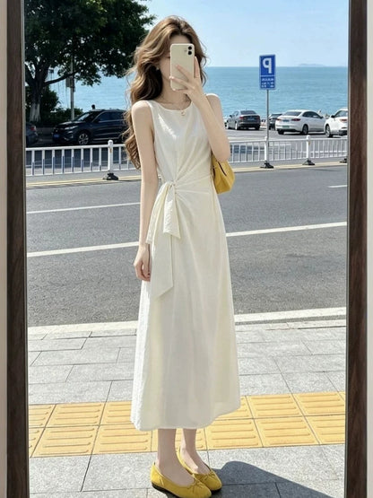 Cream White Tie-Waist Maxi Dress – Korean-Style Waist-Slimming Summer Dress