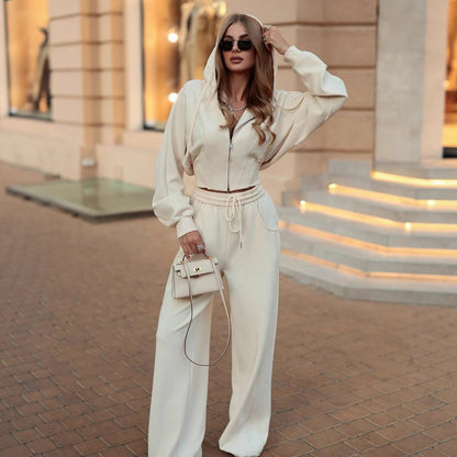 Women's Solid Color Zip-Up Hooded Cardigan and Drawstring Sweatpants Set