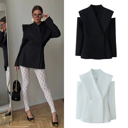 Kadın Yeni Model, Kontrast Detaylı Uzun Kollu Ofis Şıklığı Blazer Ceket,