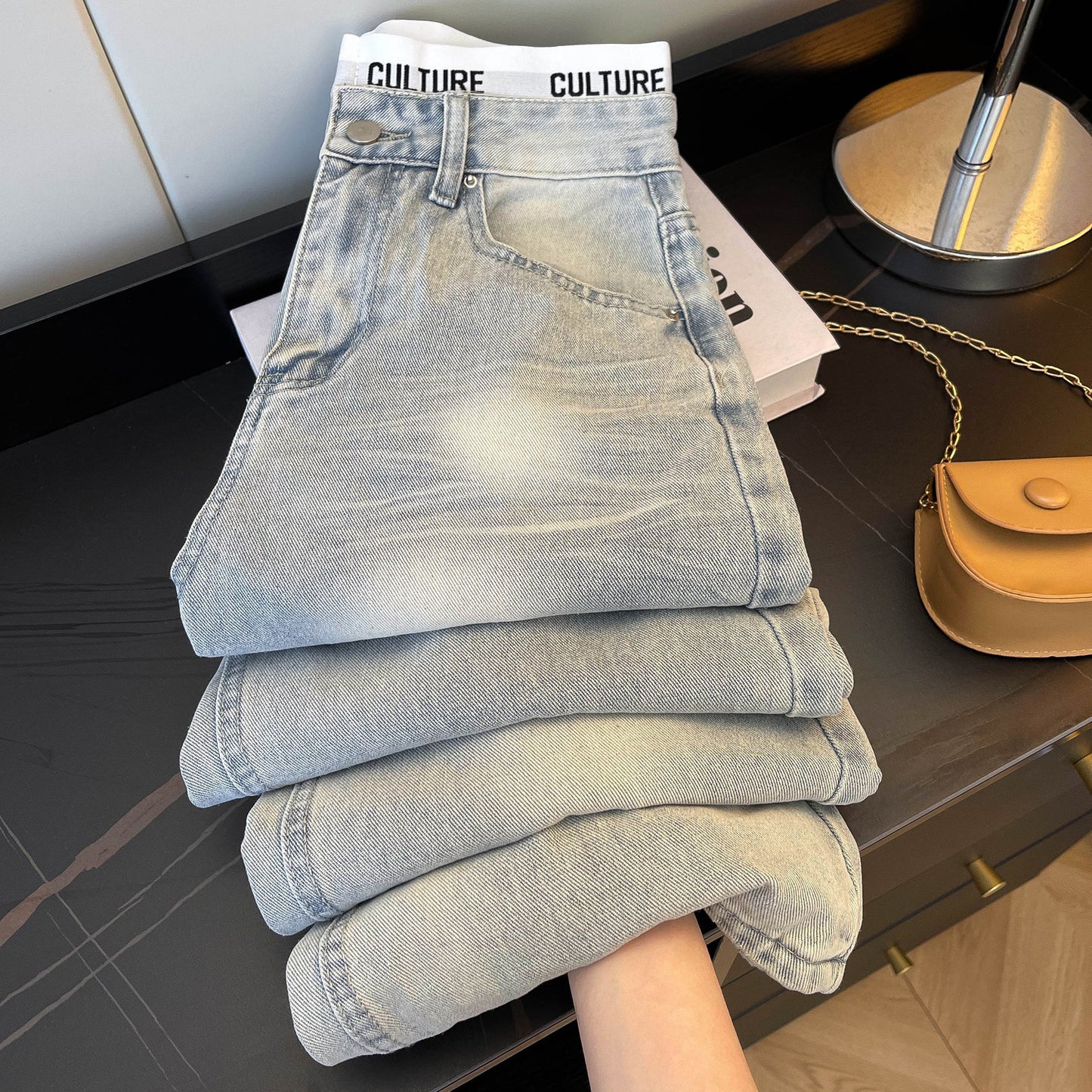 Amerikan Retro Yıpratılmış Patchwork Kot Pantolon - Açık Mavi Yüksek Bel