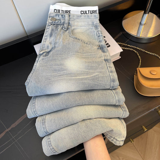 Amerikan Retro Yıpratılmış Patchwork Kot Pantolon - Açık Mavi Yüksek Bel