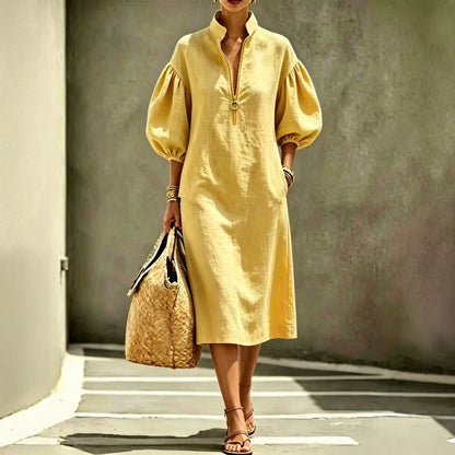 Women's Linen-Look Stand Collar Balloon Sleeve Half-Zip Relaxed Fit Dress
