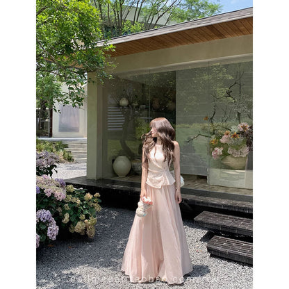 Powder Pink Layered Design Linen Maxi Dress – Elegant Long Summer Dress