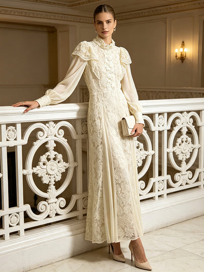 Women's Lace Long Sleeve High Neck Elegant Maxi Dress