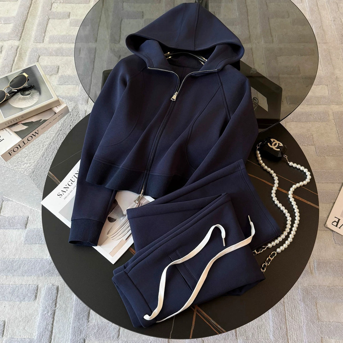 Kadın Çift Fermuarlı Kapüşonlu Sweatshirt ve Düz Paça Pantolon Eşofman Takımı