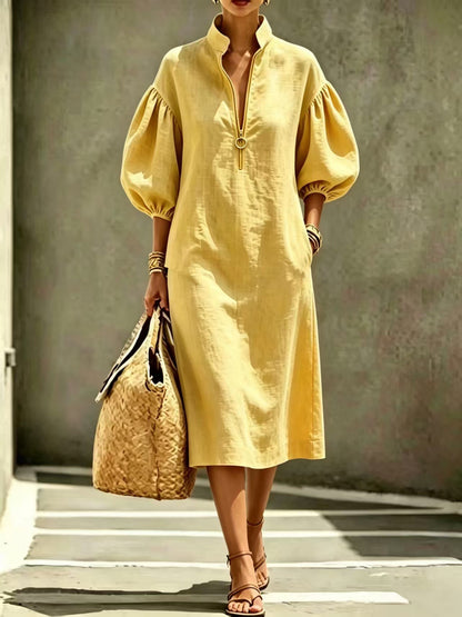 Women's Linen-Look Stand Collar Balloon Sleeve Half-Zip Relaxed Fit Dress