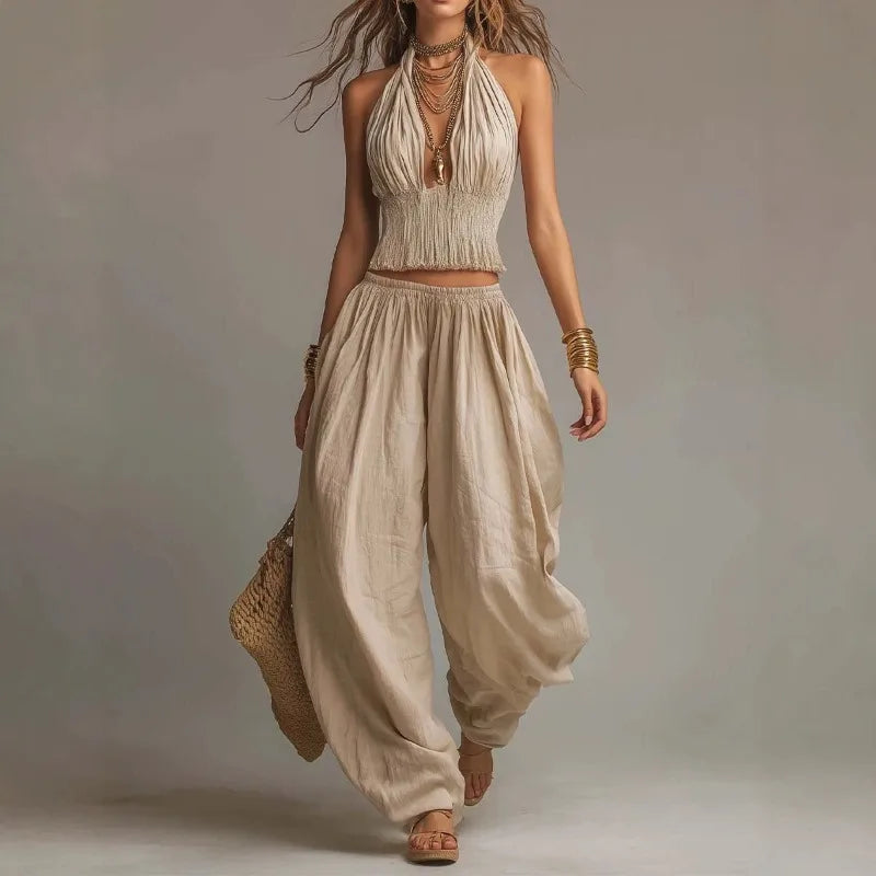 Kadın Keten Halter Yaka Geniş Paça Crop Bohem Üst ve Pantolon Takımı