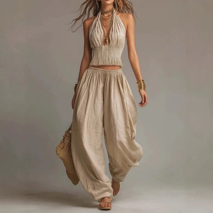 Kadın Keten Halter Yaka Geniş Paça Crop Bohem Üst ve Pantolon Takımı