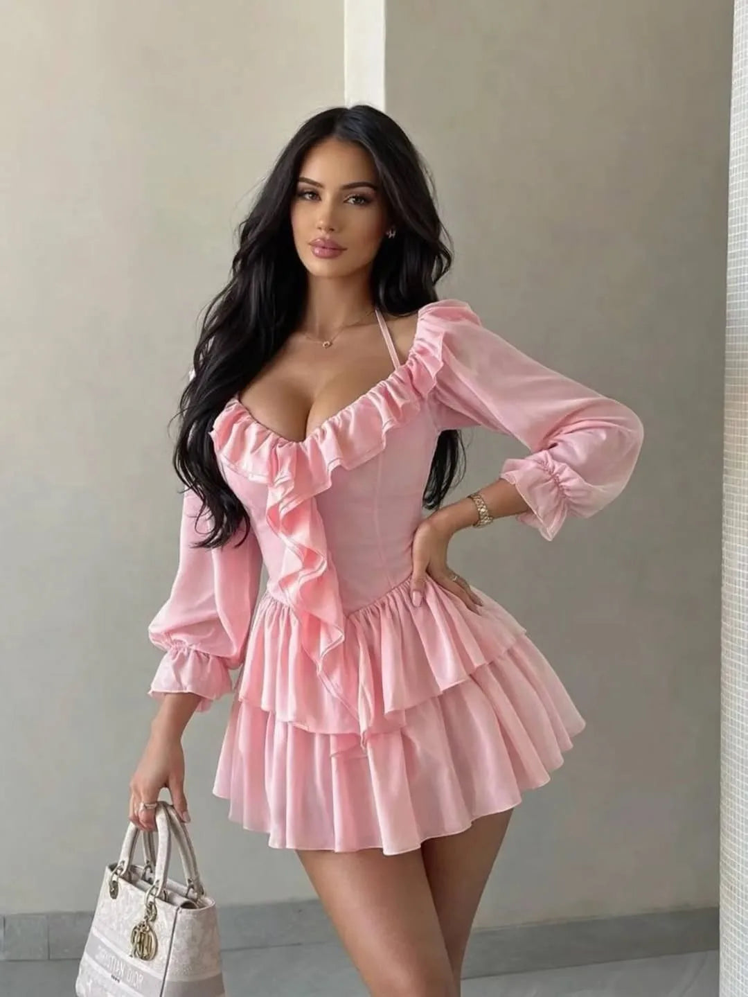 Kadın Tatil Sırt dekolteli Fırfırlı Pileli Mini Elbise