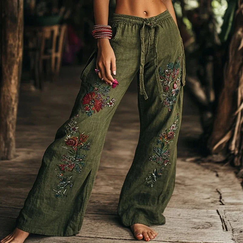 Kadın Yüksek Bel Geniş Paça Rahat Kesim Bohem Vintage Palazzo Pantolon