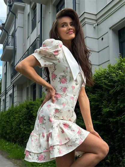 Kadın Tatil Ince askılı Kısa kollu V yaka Çiçek desenli A Kesim Mini Elbise
