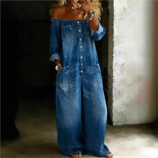 Kadın Denim Omuzları Açık Retro Tulum