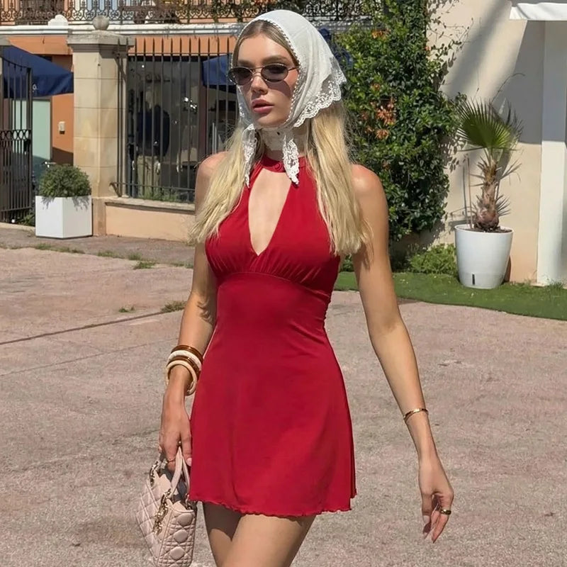 Kadın Tatil Sırt dekolteli Fırfırlı Mini Elbise
