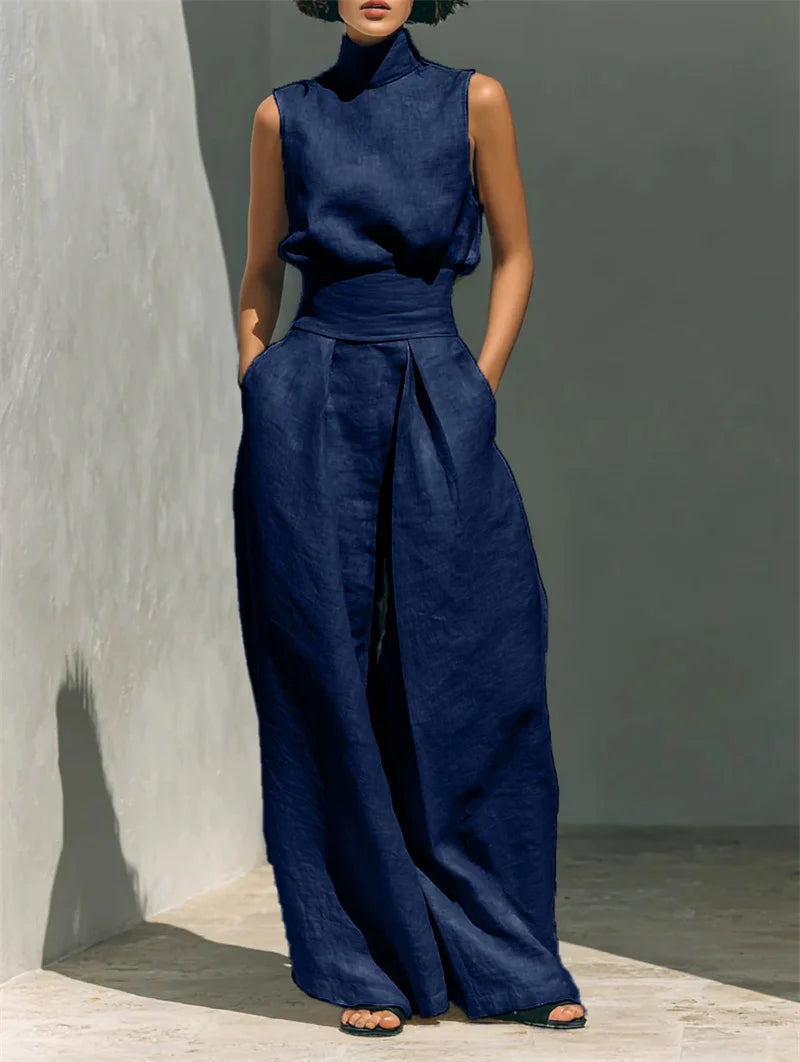 Women's Stand Collar Sleeveless Blouse and Pleated Wide-Leg Trouser Set