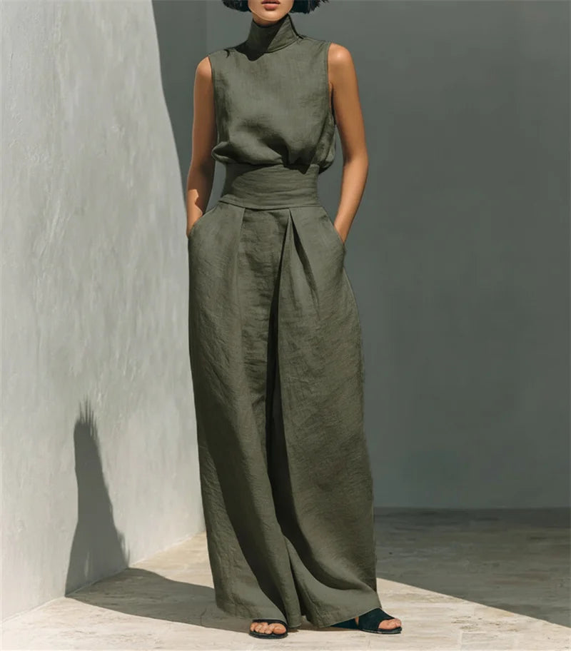 Women's Stand Collar Sleeveless Blouse and Pleated Wide-Leg Trouser Set