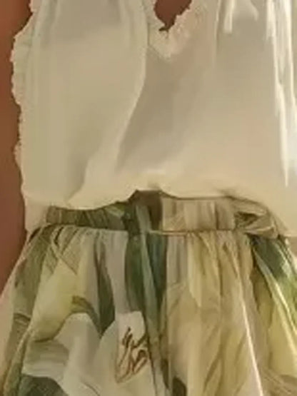 Kadın Çiçek Desenli Kolsuz Geniş Paça Fırfır Detaylı Fransız Tarzı Üst ve Pantolon Takımı