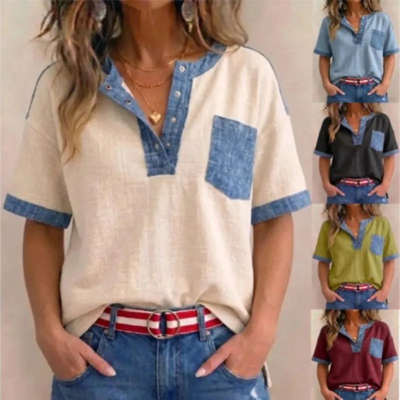 Kadın Denim Kontrast Detaylı Kısa Kollu Düğmeli Cepli Bluz