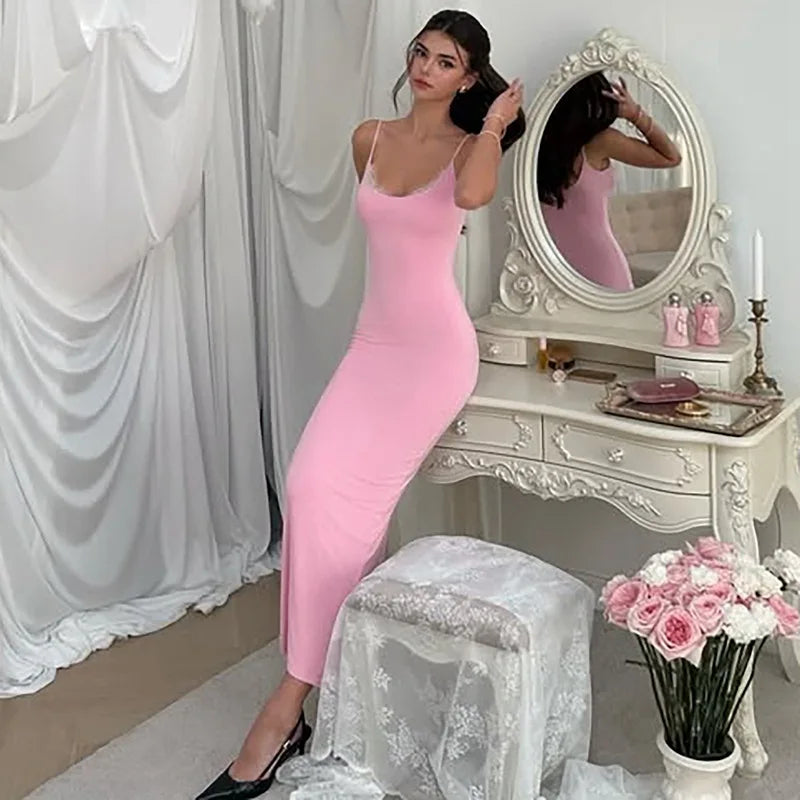 Kadın Tatil Dantel Ince askılı Kolsuz Dar Kesim Maxi Elbise
