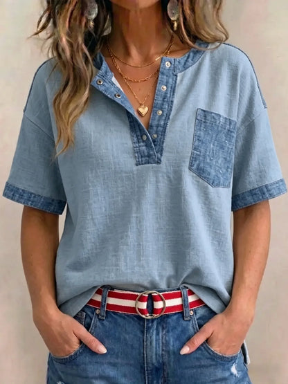 Kadın Denim Kontrast Detaylı Kısa Kollu Düğmeli Cepli Bluz