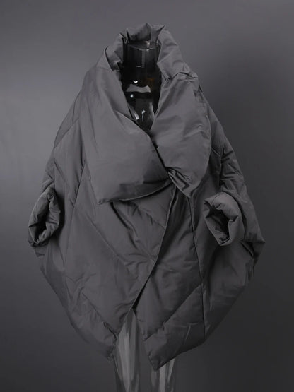 Kadın Gri Yarasa Kollu Şişme Mont – Kaz Tüyü Dolgulu, Oversize Büyük Beden Parka