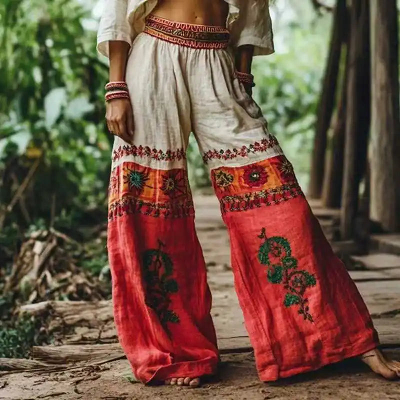 Kadın Yüksek Bel Geniş Paça Rahat Kesim Bohem Vintage Palazzo Pantolon