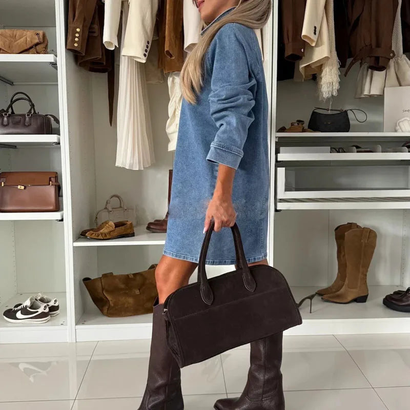 Kadın Denim Düşük Yaka Uzun Kollu Ofis Şıklığı Elbise