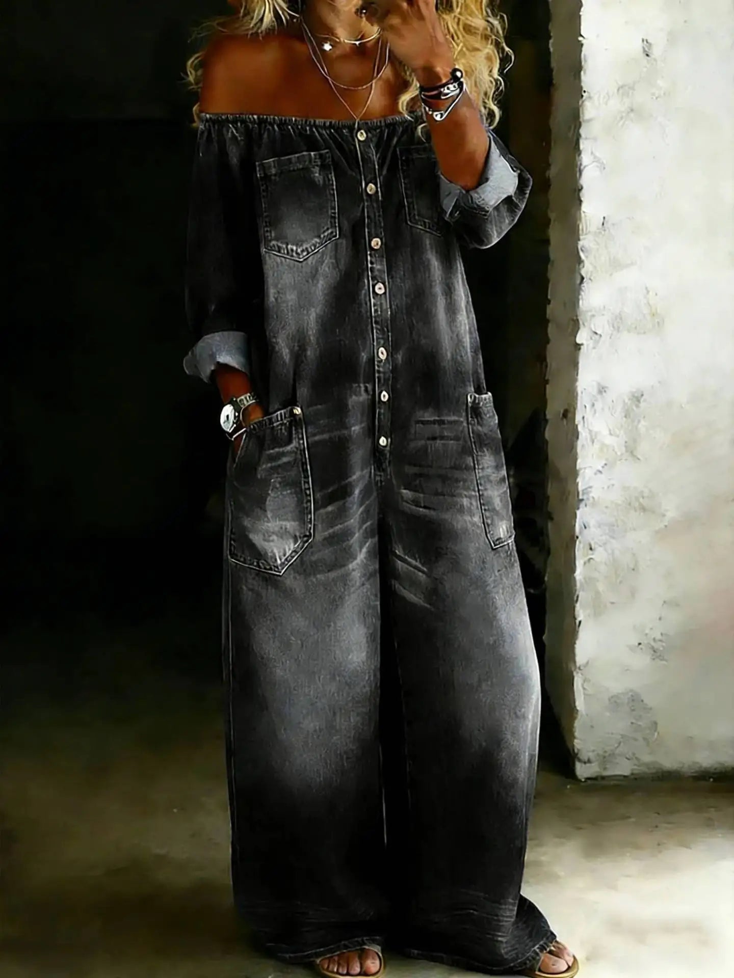 Kadın Denim Omuzları Açık Retro Tulum