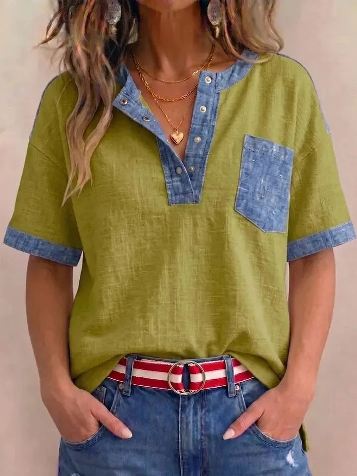 Kadın Denim Kontrast Detaylı Kısa Kollu Düğmeli Cepli Bluz