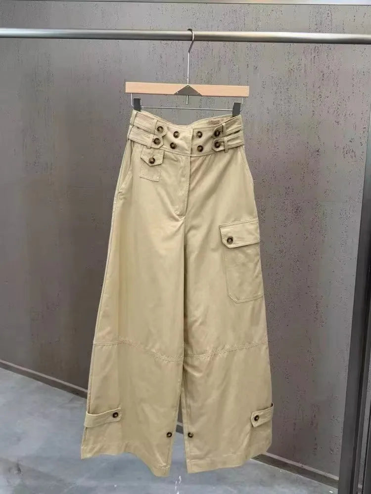 Bej yüksek bel geniş paça kargo pantolon önden