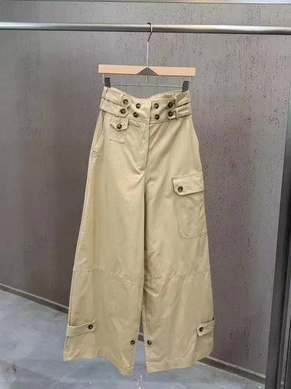 Bej yüksek bel geniş paça kargo pantolon önden