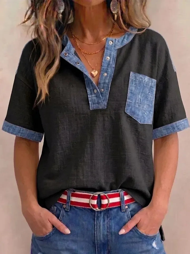 Kadın Denim Kontrast Detaylı Kısa Kollu Düğmeli Cepli Bluz