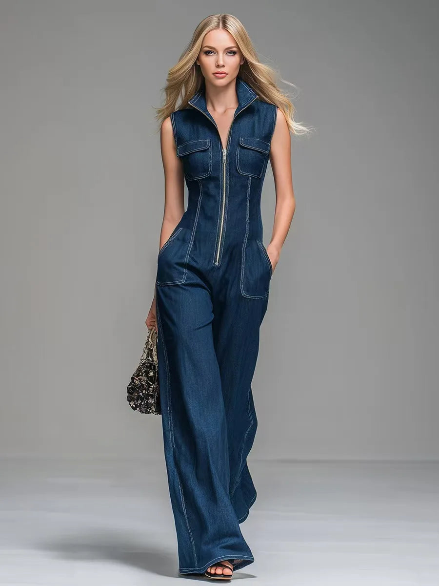 Kadın Denim Kolsuz Yüksek Bel Geniş Paça Fermuarlı Tulum