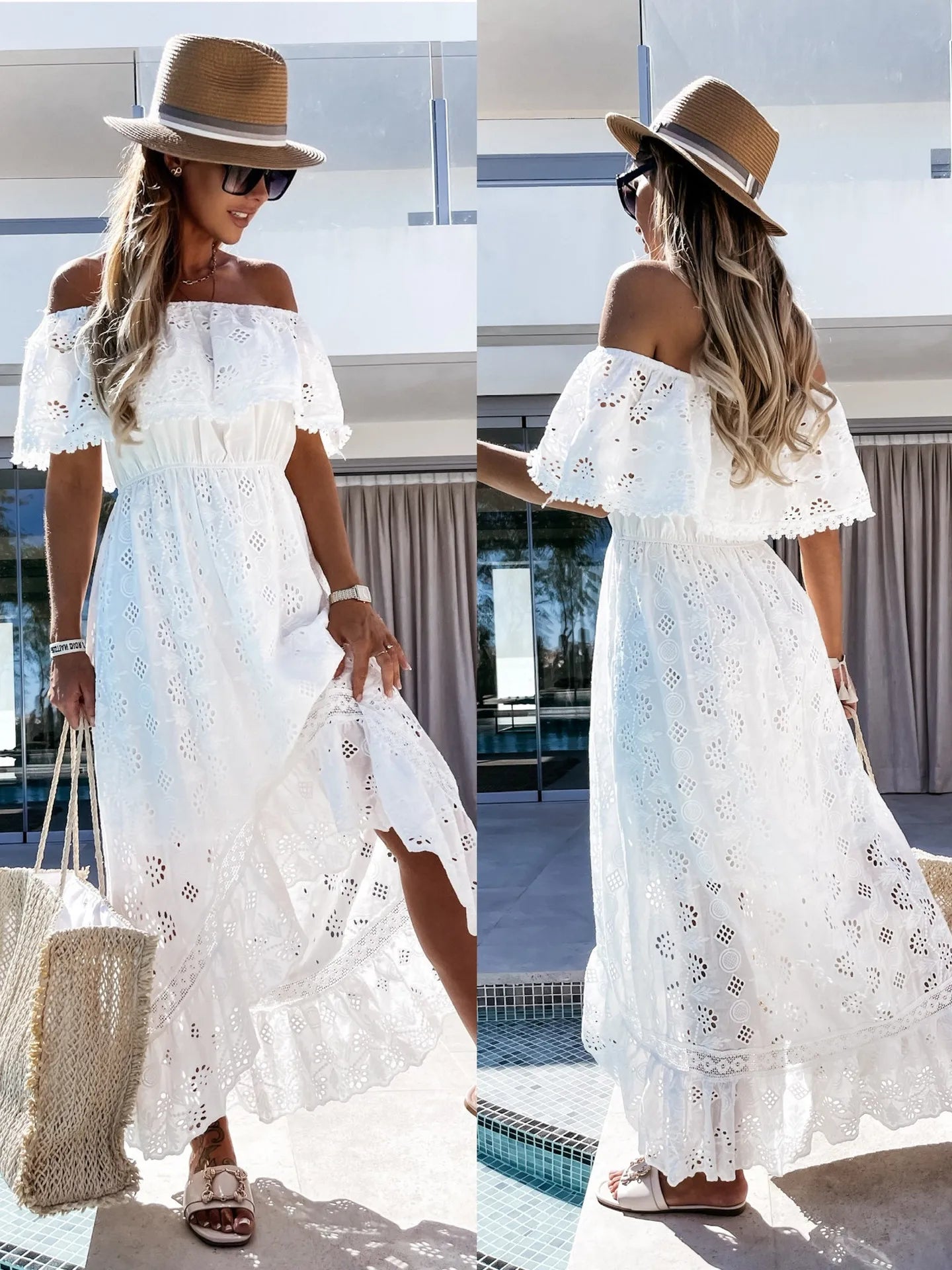 Kadın Tatil Dantel Kısa kollu Fırfırlı Maxi Elbise
