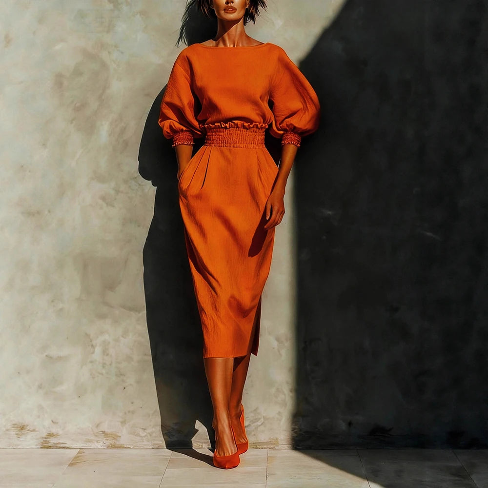 Women's Lantern Sleeve Blouse and Slit Midi Skirt Set