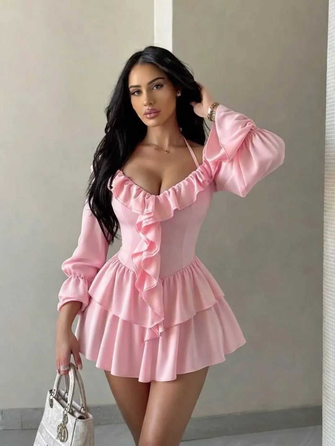 Kadın Tatil Sırt dekolteli Fırfırlı Pileli Mini Elbise