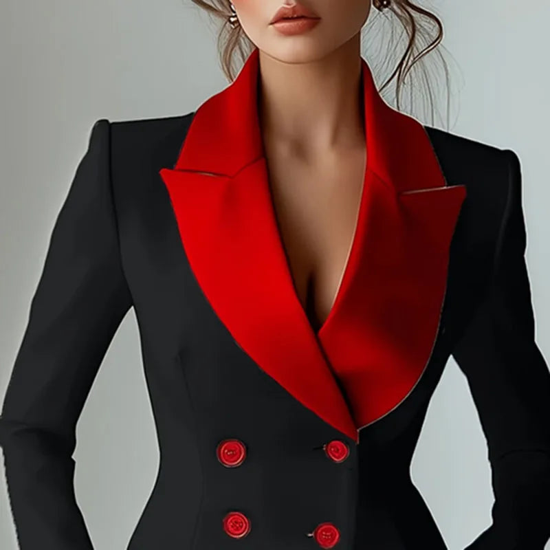 Kadın Kontrast Detaylı Uzun Kollu Ofis Şıklığı Blazer Ceket