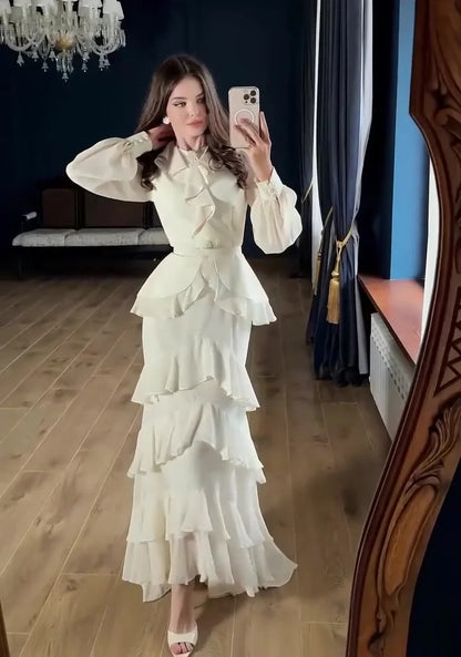 Kadın Davet Yuvarlak yaka Fırfırlı Maxi Elbise